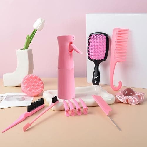12 Pcs Hair Brush Set with Hair Spray Bottle for Toddlers, Women, Detangling Brush for Wet Dry Curly Hair, Edge Bristles Wide Tooth Rat Tail Combs for Baby Girls (pink) thumbnail 2