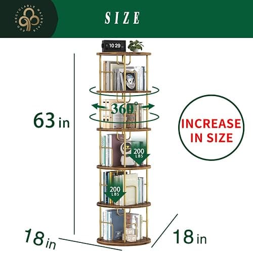 5Tier Rotating Bookshelf, 360 ° Display Stackable Spinning Bookshelf Tower,Round Space Saving Tall Floor Standing Swivel Bookcase Corner Storage Organizer for Bedroom/Living Room/Office，Gold thumbnail 2