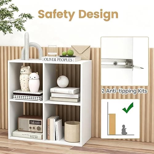 POWERSTONE 4 Cube Storage Organizer, 2 Tier Cubby Bookshelf, White | Freestanding Bookcase w/Back Guardrail, Open Back Display Rack for Living Room, Bedroom, Study thumbnail 5