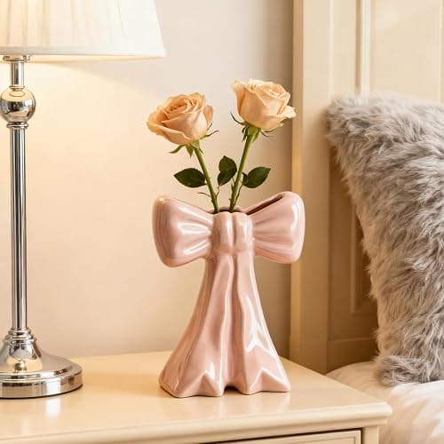 Disoza Bow Vase Pink Vase Ceramic Cute Decorative Flower Tulip Farmhouse Dazzling Modern Home Decor Pampas Grass for Table Bathroom Shelf thumbnail 2
