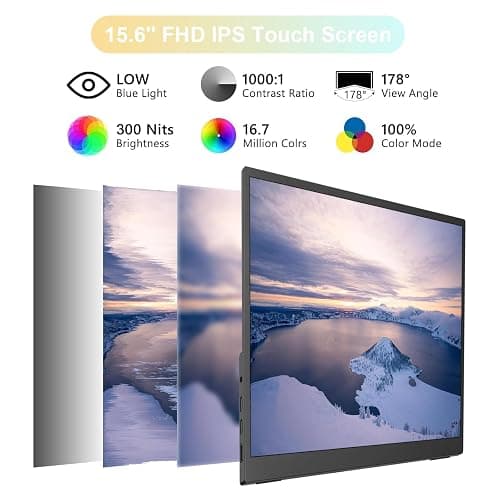 IBW 15.6" Portable Monitor Touchscreen, 1080P FHD IPS USB-C Travel Monitor | Tempered Glass, 10-Point Touch, Dual Speakers, Kickstand, HDMI, External Monitor for Laptop MacBook Phone PS5 Switch Xbox thumbnail 3