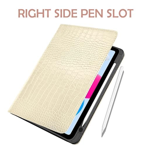 Deokke Premium Leather Compatible with iPad (A16) 11th Generation 11 Inch Case 2025,iPad 10th Generation 10.9 Inch Case 2022,Pencil Holder Crocodile Auto Sleep/Wake Cover Women Girls-Creamy White thumbnail 3