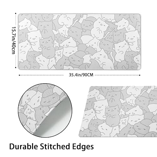 aportt Kawaii Cats White Gaming Mouse Pad XXL Cute Kittens Japanese Extended Big Large Desk Mat Non-Slip Rubber Base Stitched Edge Long Keyboard Mousepad for PC Computer Laptop, 35.4×15.7 Inches thumbnail 3