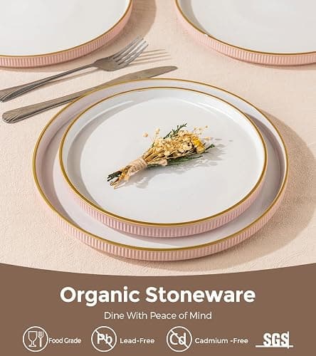GBHOME Stoneware Dinnerware Sets for 4, 12 Pieces Plates and Bowls Set | Lightweight Ceramic Ribbed Dishes, Reactive Glaze Stackable Plate Set, Scratch Resistant, Microwave & Dishwasher Safe, Pink thumbnail 3