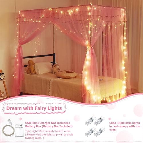 Twin Size Bed Canopy with Lights, Bed Canopy for Girls Princess with Luminous Stars, Canopy Bed Curtains for Twin Bed Kids Indoor Decor Bedroom, 4 Corner Post Bunk Bed for Student Dormitory, Pink thumbnail 5