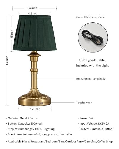 KDG Cordless Portables Table Lamp Set of 2, LED Fabric Shade Small Desk Lamps, 5000mAh Battery Powered Lighting, 2700K Stepless Dimmable Light for Living Room, Dining Room, Bedroom (Gold+Green) thumbnail 5