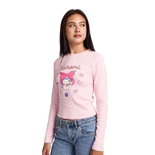 Bioworld Kuromi Character & Hearts Women's Cradle Pink Long Sleeve Baby Tee thumbnail 3