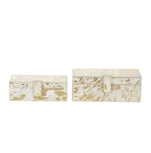 Deco 79 Leather Handmade Decorative Box Decorative Keepsake Boxes with Gold Foil Paint, Set of 2 Storage Boxes 8", 10"W, Gold thumbnail 4
