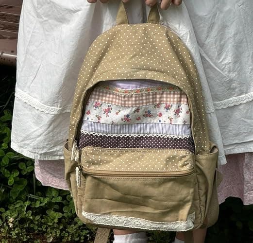 Wayolyn Floral Print Backpack Kawaii Polka Dot Print Shoulder Bag Cutecore Lace Canvas Backpack Vintage Shoujo Casual Bags (Brown) thumbnail 5