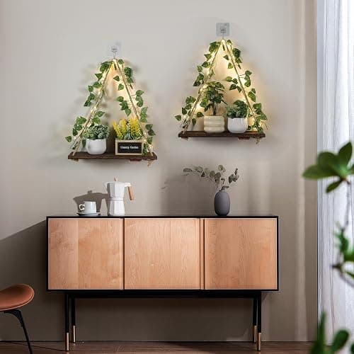 EXIN DECHEN Floating Shelves for Wall No Drilling,Wall Shelves,Hanging Shelf,Leaves and Light Strip with Flower,Set of 2 Plant Decor for Home Livingroom Bedroom,Led Room Decor Aesthetic,Gift thumbnail 5