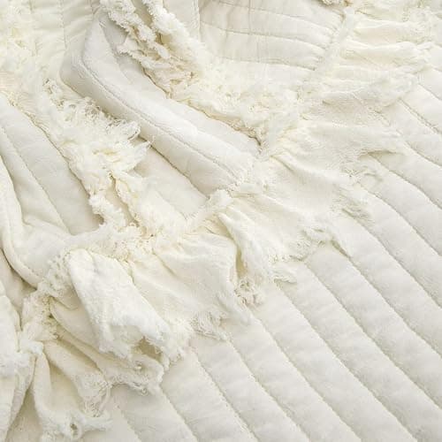Ultra Soft Pre-Washed Quilted Boho Cream Twin Size Blankets for Bed, Ruffle Fringed Decorative Throw, Stone Washed Chic Rustic Blanket for Sofa Couch Bed, 60"*80" thumbnail 4