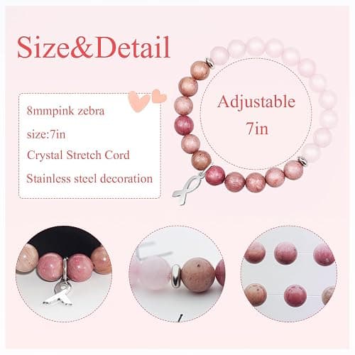 ZLLOO Natural Stone Bracelet for Women Pink Ribbon Awareness Handmade Beaded Encouragement Gift with Message Card thumbnail 2
