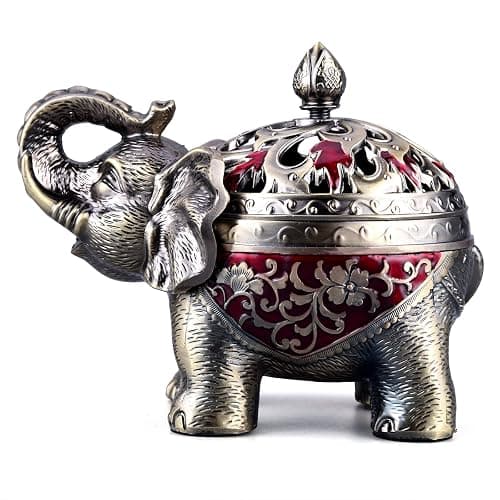 K COOL Metal Backflow Incense Holder Elephant Cone Incense Burner Candle Holder with Lid, Aromatherapy Ornament Home Office Decoration for Indoor Outdoor (Red) - Image 1