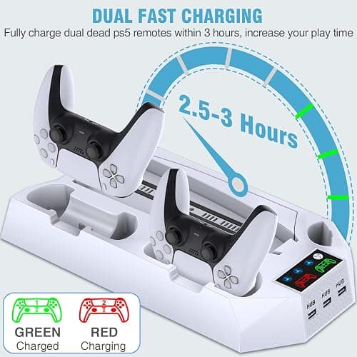 PS5/PS5 Slim/PS5 Pro Stand and Cooling Station with Dual Controller Charging Station for PlayStation 5 Console, PS5 Accessories Incl. Controller Charger, Cooling Fan, Headset Holder, 3 USB Hub, White thumbnail 4