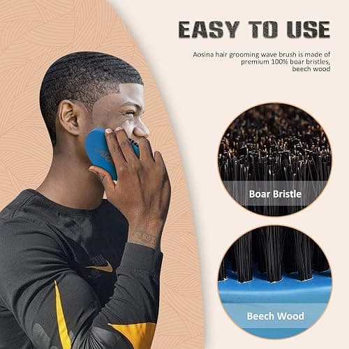 Medium Palm Wave Brush with Pure Black Boar Bristles - For Men's 360 Waves on Thin and Normal Hair (Blue) thumbnail 6