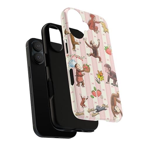 Curious Monkey & Banana George Coquette Photo Phone Case Compatible with iPhone 12/12Pro, Protective Hybrid 2-Layer Hard Shell, Cute Curious Monkey Collection Gingham Bow thumbnail 2