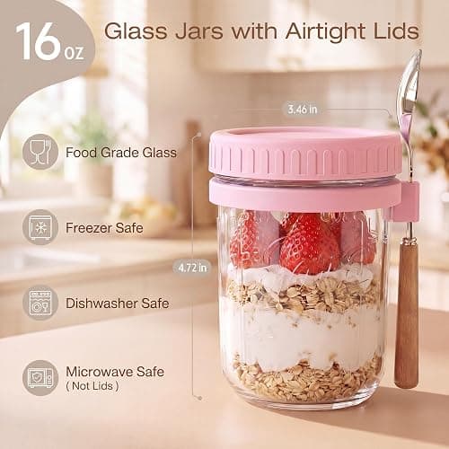 16oz Glass Overnight Oats Containers with Lids & Spoons, 6 Pack MultiColor | Wide Mouth Glass Jars with Airtight Lids, Perfect for Chia Pudding, Yogurt, Salad & Cereal Meal Prep Storage, Food Safe thumbnail 3