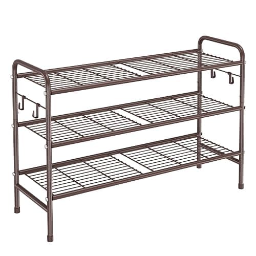 VILICK 3 Tier Shoe Rack 33" Wide Metal Shoe Organizer Long Shoe Storage with 4 Side Hooks Sturdy Shoes Shelf for Front Door Entrance, Closet, Garage, Dorm, Brown - Image 1