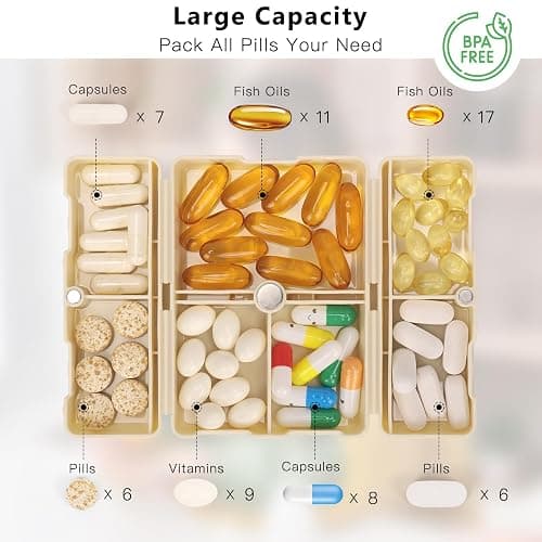 FYY Daily Pill Organizer, 7 Compartments Portable Pill Case Travel Pill Organizer,[Folding Design] Pill Box for Purse Pocket to Hold Vitamins,Cod Liver Oil,Supplements and Medication-White thumbnail 2