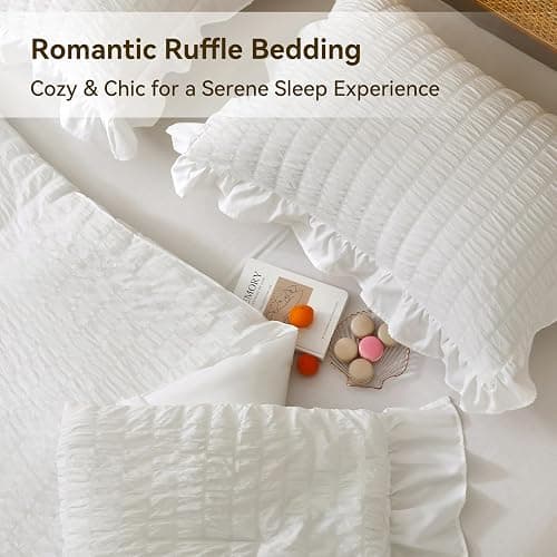 JOLLYVOGUE Queen Comforter Set, 3 Pieces White Seersucker Comforters Queen Size, Lightweight & Fluffy Bedding Sets Queen for All Season with 1 Ruffle Comforter and 2 Ruffle Pillowshams thumbnail 4