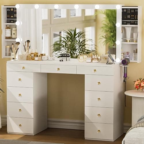 Likein Vanity Desk with Mirror and Lights, White Vanity with Hidden Jewelry Storage Cabinet, Charging Station, 11 Drawers Makeup Vanity with Lights, Crystal Knobs, 3 Color Lighting Modes for Girls thumbnail 9