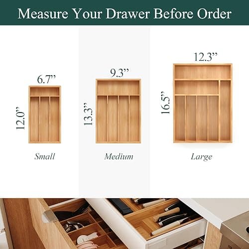 BEKVEM Small Silverware Organizer, Bamboo Kitchen Drawer Organizer, Utensil Holder, Cutlery Tray & Spoon Flatware Storage with Grooved Drawer Dividers thumbnail 2