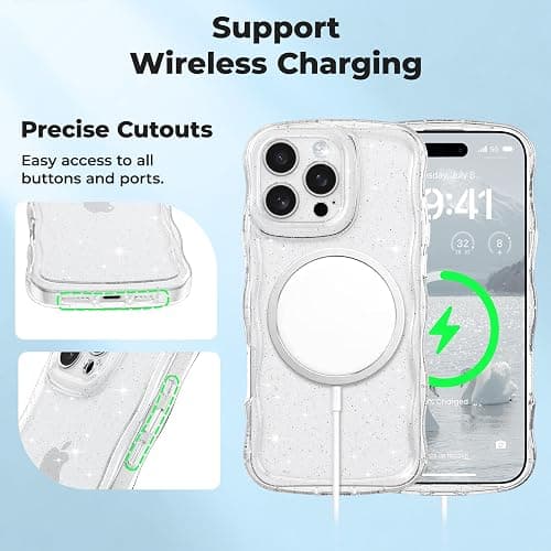 FABSPARK Phone Case for iPhone 16 Pro Max,Cute Clear Curly Wavy Frame Wave Case with Sparkly Bling Glitter,Non-Yellowing Transparent Acrylic Hard PC Cover for iPhone 16 Pro Max,Glitter Clear thumbnail 3