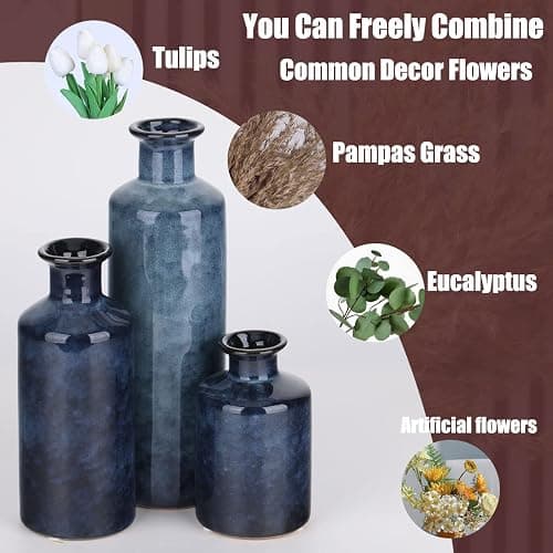 Blue Ceramic Vase Set - 3 Blue Small Vases, Farmhouse Country Flower Vase Home Decor, Living Room Decoration, Table Decoration, Fireplace Decor, and Entrance Decorations Centerpieces thumbnail 5