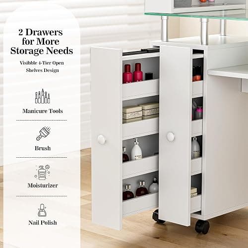 Paddie Manicure Table Nail Desk for Technician, Acetone Resistant Nail Tech Table Nail Table Station w/Glass Desktop, Wrist Cushion, 3-Tiers Shelves, Lockable Wheels & Cabinet (White) thumbnail 4