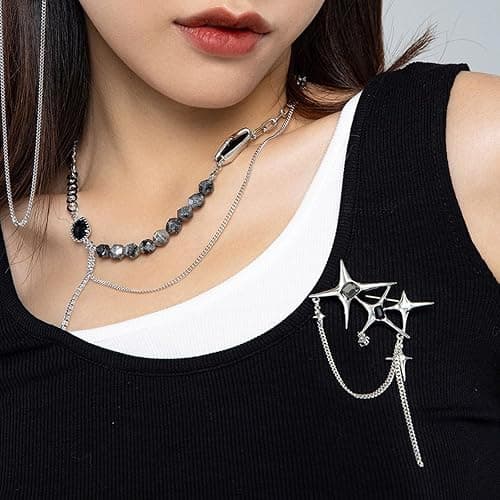 Punk Silver Star Moon Tassel Chain Brooch Collar Pins,Vintage Safety Cubic Zirconia Crystal Chain Tassel Brooch,Brooch Pins Shawl Clips for Women Girls thumbnail 2