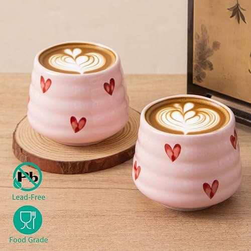 YumiPLUS 4pcs Ceramic Tea Cup Set – 160ml 5.4OZ Porcelain Pink Matcha Cup, Handless Cute Hearts Coffee Mugs for breakfast espresso/afternoon tea (Pink Love) thumbnail 5