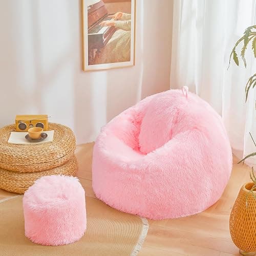 Pink fluffy bean bag chair covers (No Filler), comfy Plush Pink bean bag chair Cover for bedroom, stuffed animal Storage, kids adults teens girls bean bag chairs, Anti-Slip thumbnail 3