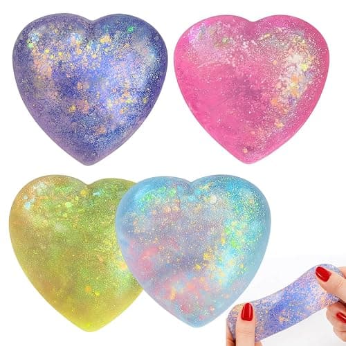 4 Pack Squishy Toys, Heart Shaped Stress Balls for Kids, Soft Sensory Fidget Toys for Anxiety Relief, Office Relaxation and Focus Improvement, Assorted Colors (Pink, Purple, Blue, Yellow) - Image 1