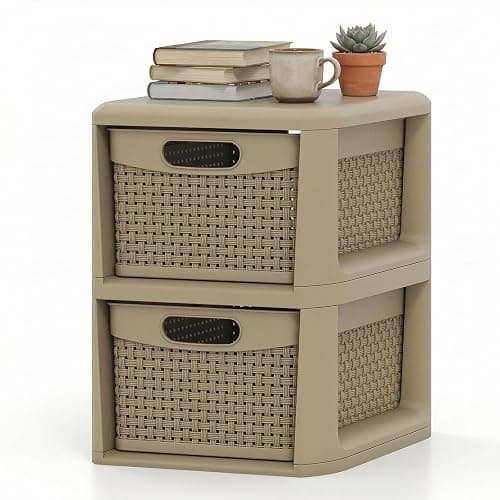 Giantex 2-Drawer Storage Organizer, Plastic Wicker Tower Baskets, Counterop & Under-desk Compact Container Boxes for Office, Bedroom, Bathroom, Living Room, Taupe - Image 1
