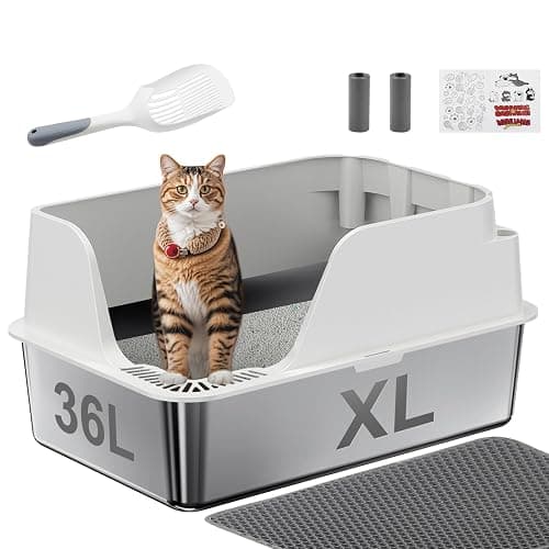 Stainless Steel Cat Litter Box with Lid, XL for Big Cats, High Sided Metal Litter Pan, Anti Leakage,Odor-Free & Easy Cleaning,Included Scoop &Trash Bag*2 & Mat & Sticker (White) - Image 1