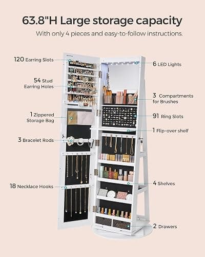 SONGMICS 6 LEDs Lockable Mirror Jewelry Cabinet, 360° Swivel Jewelry Organizer Armoire Standing, Frameless Full-Length Mirror, 3 Storage Shelves, Christmas Gifts, White Surface Black Lining UJJC007W01 thumbnail 5