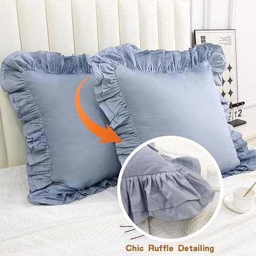 Lemfux Couch Pillow Covers Blue Ruffle Euro Pillow Shams,Set of 2, 24x24 Inch Cotton Decorative Pillowcases Shabby Chic Pillow Cases Pillow Cover Standard Size Coquette Pillow Covers - Haze Blue - 24" x 24" (Pack of 2) thumbnail 6