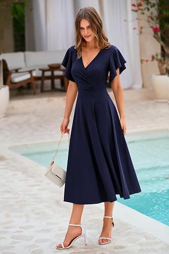 PRETTYGARDEN Women's Wrap V Neck Midi Summer Dresses | Ruffled Flutter Sleeves, Flowy Pleated A Line, High Waist, Elegant Spring Dress for Wedding Guest, Cocktail Party, Date Night thumbnail 8
