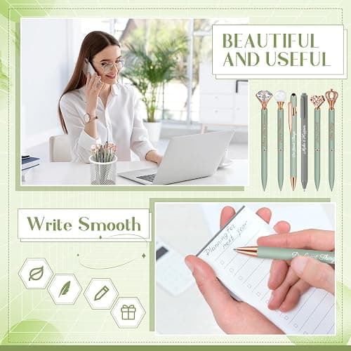 Qeeenar 6 Pcs Fancy Pens for Women Crystal Diamond Pen for Journaling Pretty Glitter Ballpoint with Box Inspirational Gifts for Women Girls College Students Cute Back to School Gifts (Sage Green) thumbnail 5