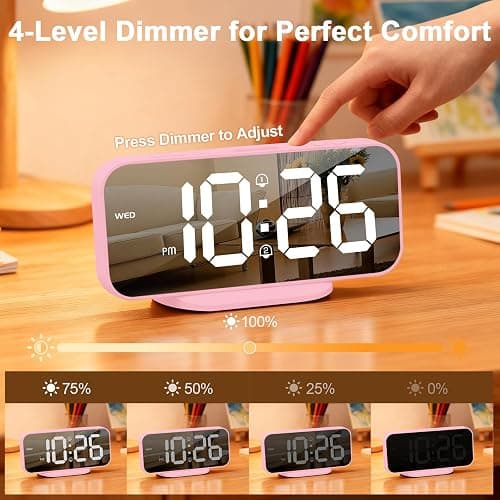 ALANAS Pink Mirror Digital Alarm Clock for Girls & Teens, Dual Alarms, Snooze, Adjustable Brightness, 2 USB Ports, Weekday Display, Cute Bedside Clock for Kids, Bedroom, Desk, Dorm, Gift Idea thumbnail 3