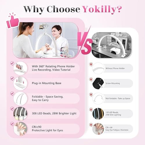 Yokilly Half Moon Light for Nail Desk: 23" Foldable Half Moon Desk Lamp with Phone Holder for Beginner - Arch Nail Tech Light with 3 Color Modes & 10 Brightness for Manicure Salon (Diamond, Small) thumbnail 2