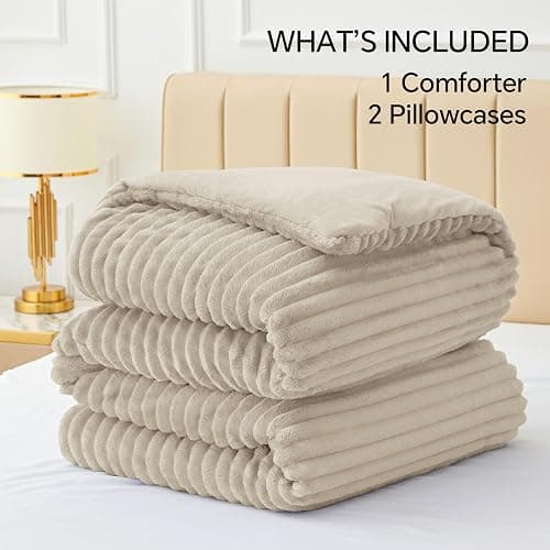 BEDELITE Fleece King Comforter Set -Super Soft & Warm Fluffy Linen Bedding, Luxury Fuzzy Heavy Bed Set for Winter with 2 Pillow Cases thumbnail 6