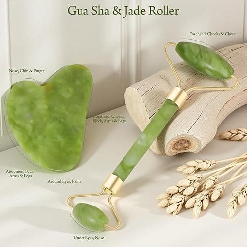 Real Perfection Gua Sha Facial Tools Face Roller for Wrinkles Jade Roller and Gua Sha Set, Scrubber Pore Brush Headband Skin Care Tools for Travel Skincare Routine Massaging Reducing Puffiness - Green thumbnail 3