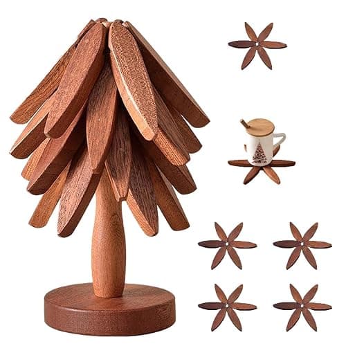 4 Wooden Trivets for Hot Dishes,Christmas Tree Trivet Table Mat Set,Wooden Treevet Tree Coasters for Hot Pots and Pans Christmas Decorations Gift for Women - Image 1