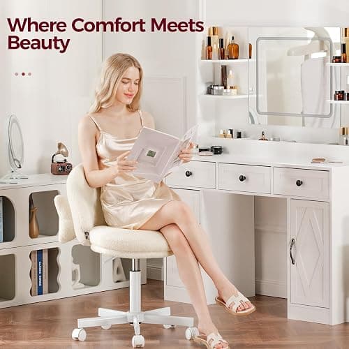 GTRACING Velvet Tall Office Chair with Wheels Vanity Chairs with Back, Versatile Height Use: Office to Bar Stools Small Ergonomic Comfy Armlees Computer Desk Chair with Bow Lumbar Pillow for Gift thumbnail 6