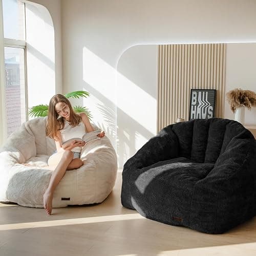 MAXYOYO Giant Bean Bag Chair, Oversized Bean Bag Couch for Adults and Kids, Faux Fur Shell-Shaped Large Chair with Filler, Stuffed Big Accent Sofa Lounge Floor Sofa for Gaming, Reading, Black thumbnail 4