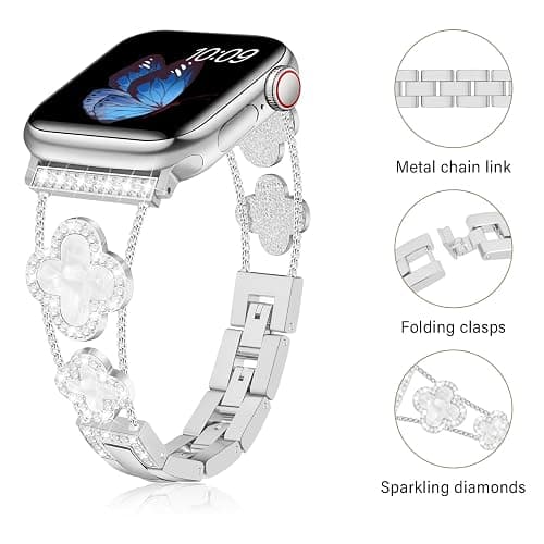 Tasikar Bling Diamond Women Band Compatible with Apple Watch Band 49mm 46mm 45mm 44mm 42mm 41mm 40mm 38mm Ultra SE Series 11 10 9 8 7 6 5 4 3 2 1 Lucky Clover Dressy Replacement Bracelet (Silver) thumbnail 3