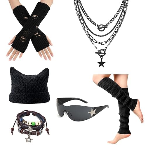 6PCS Therian Stuff,Y2k Jewelry Set with Grunge Necklace,Fingerless Gloves,Knitted Emo Beanie, Bracelet,Glasses,Leg Warmers - Image 1