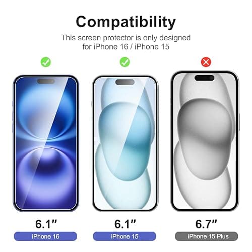 NEW'C 3 Pack Designed for iPhone 16, iPhone 15 Screen Protector (6.1 inches),Enhanced Tempered Glass Protection with easy installation tool included,Case Friendly Ultra Resistant thumbnail 2