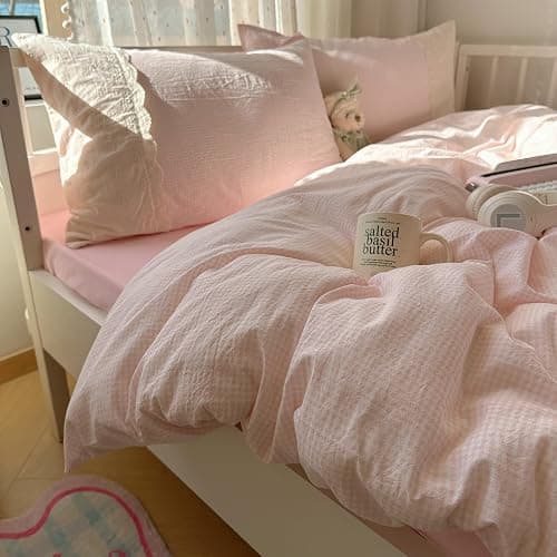 VM VOUGEMARKET Pink Full Duvet Cover Set 3 Pieces Lace Bedding Set Simple Cozy Plaid Checkered Comforter Cover with Zipper Ties for Teen Girls thumbnail 9
